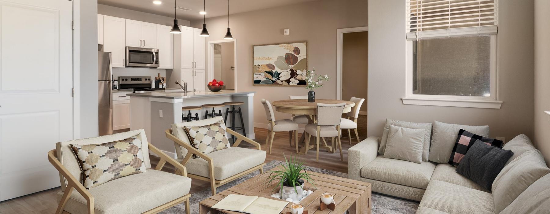 a living room with a couch and chairs
